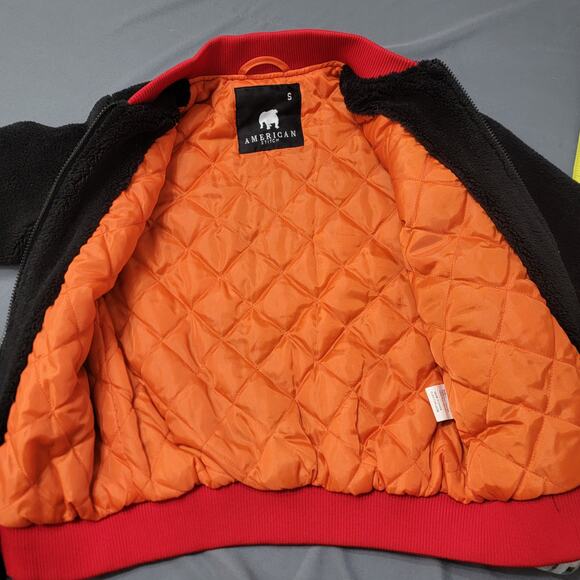 American Stitch Black Sherpa Bomber Jacket with Red Trim and Quilted Lining - Picture 1 of 7